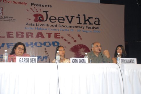 On the panel - (L-R) Gargi Sen, Agatha Sangma, Gurcharan Das, Shriya Kishore